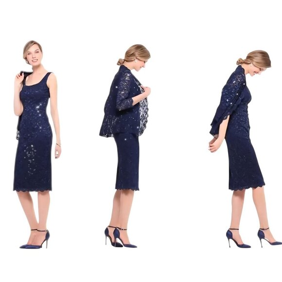 Alex Evenings Sequined Lace Sheath Dress Jacket Navy Midi Mother Of Size 12 - Picture 8 of 9